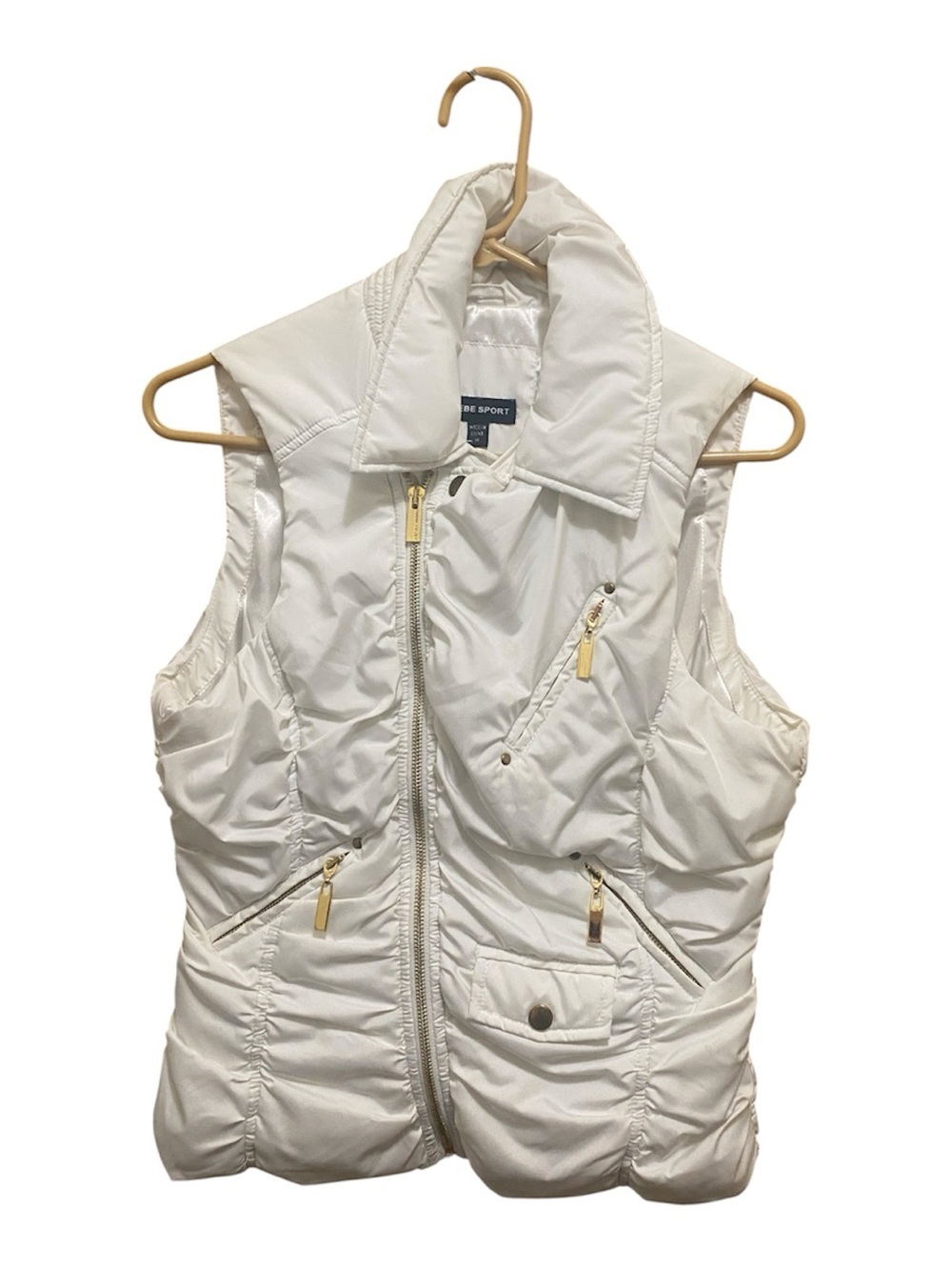 bebe White Quilted Sleeveless Puffer Vest with Gold Zippers